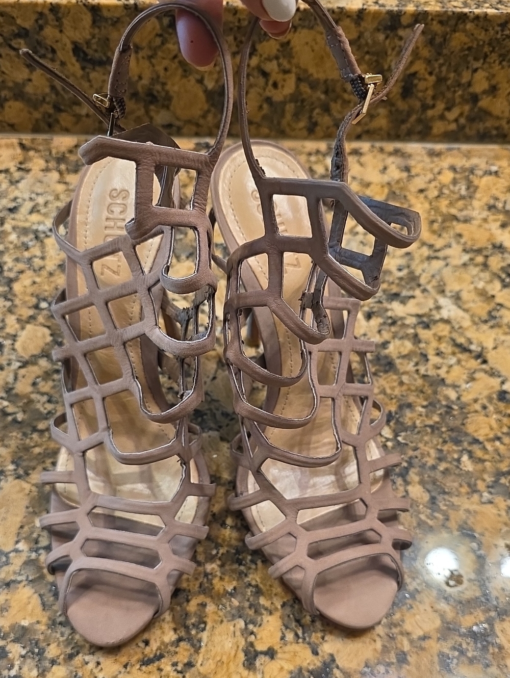 SCHUTZ Taupe Cage-Strap Open-Toe Heeled Sandals